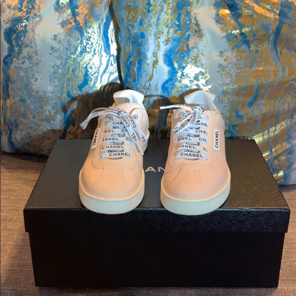 Chanel Light Pink Canvas Lace Up Bowling Sneaker